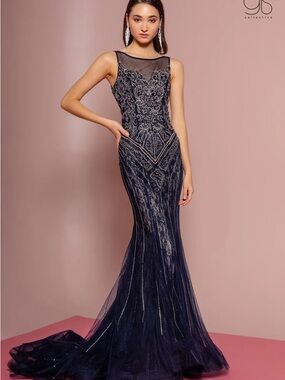 GLS Collective Navy Beaded Illusion Mermaid Gown